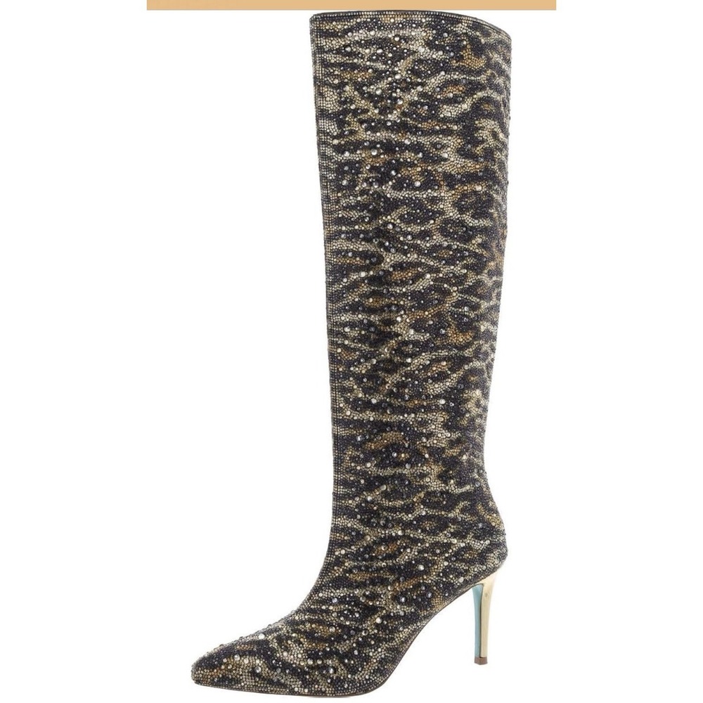 Betsey Johnson Women's Brea Tall Boot Size 6.5 Leopard Print All Over Rhinestone